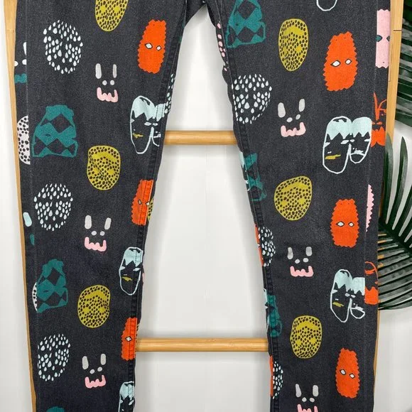 SOLD Gorman x Fred Fowler Face Print Jeans Pants Size 8 Faded Skinny Cotton - Picture 6 of 11